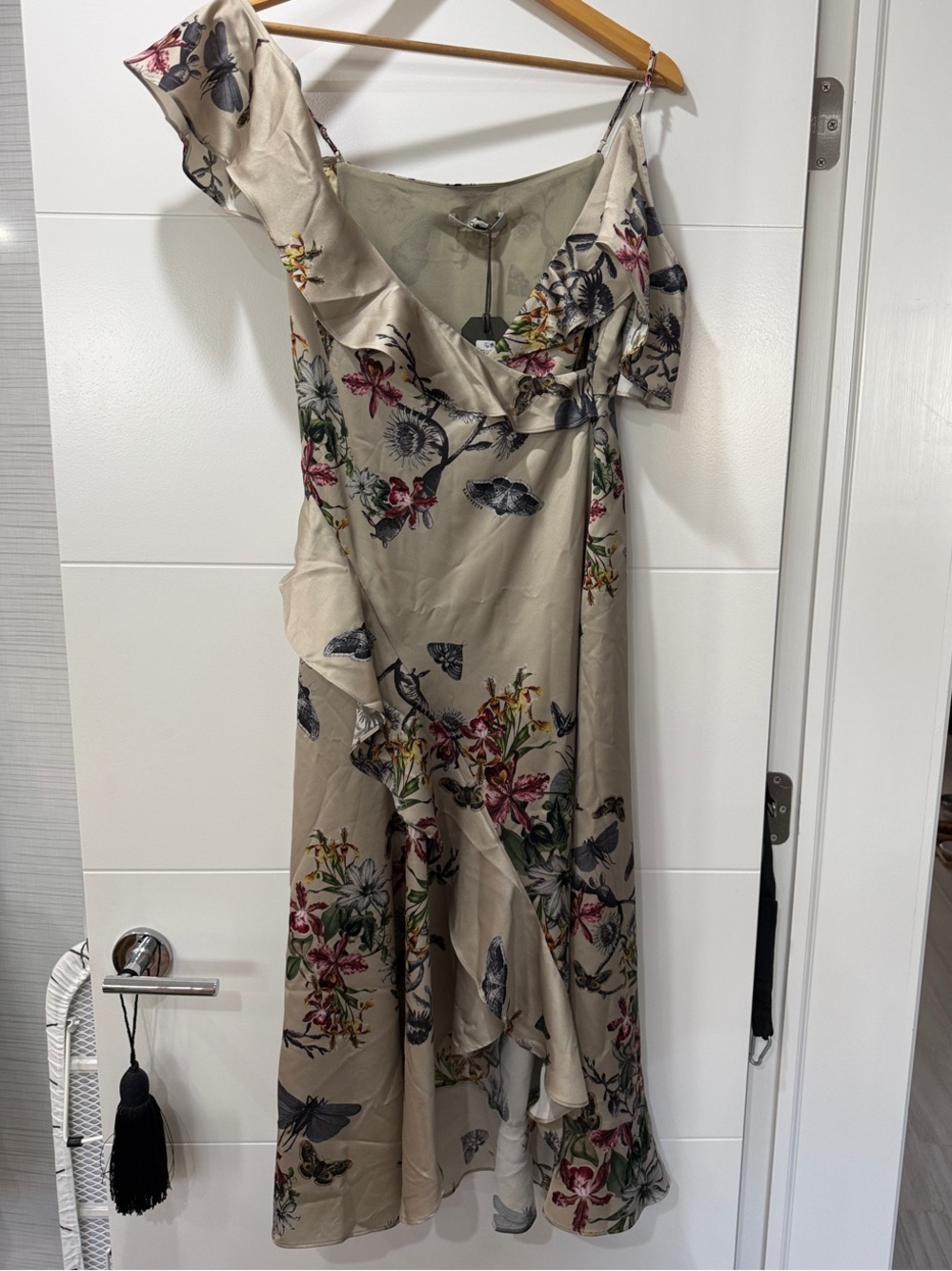 New All Saints Floral print Ruffle Midi Dress in light green color us4
